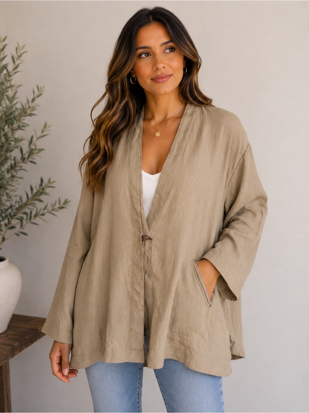 Cheyenne 100% Linen Open Front Jacket Cardigan Tan Beige Size 3X